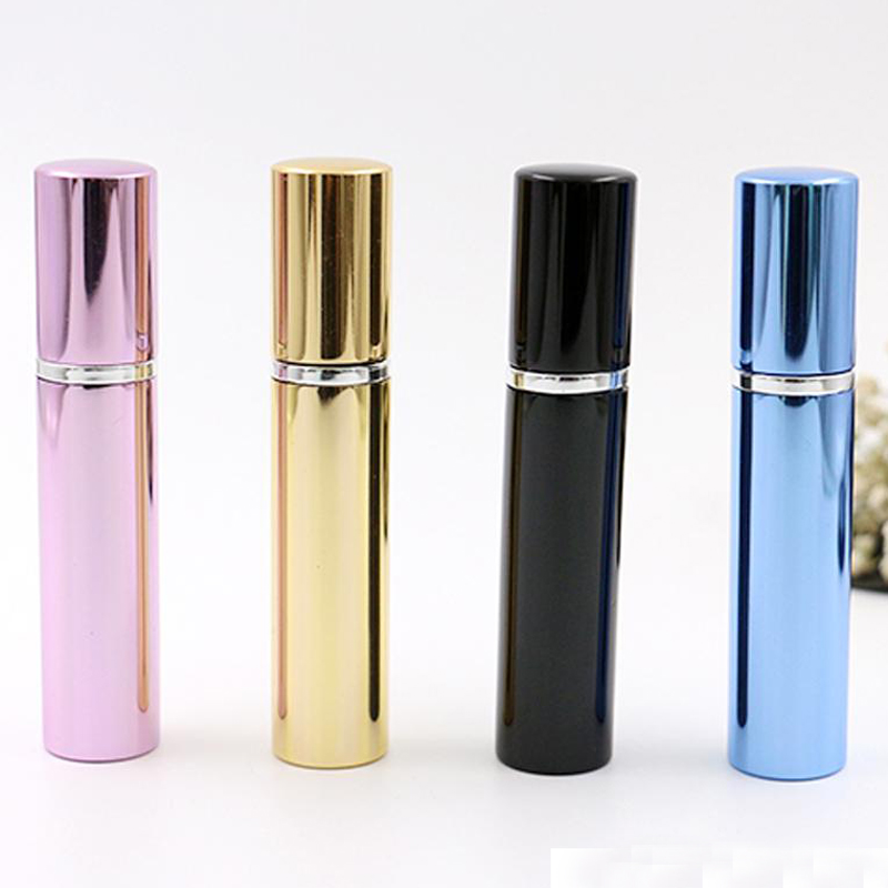 

Retail 7ml perfume bottle empty aluminum pipe bright bottles atomizer Spray Travel glass Refillable bottle 4 colors black blue rose gold
