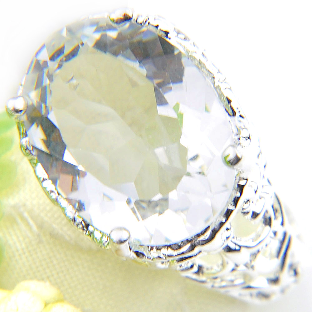 

Luckyshine White Oval Topaz Rings Gemstone 925 Silver Solitaire Unisex Fashion Women Wedding Ring Engagement Zircon Ring Size 7 8 9