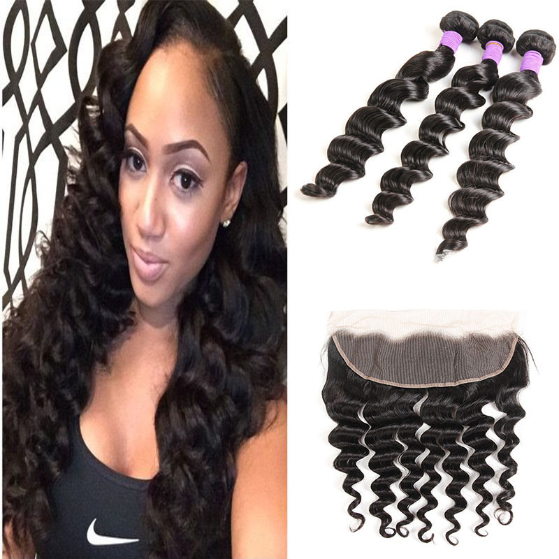 

Brazilian Virgin Human Hair Loose Deep With Lace Frontal Closure 3 Bundles With 13x4 Ear to Ear Lace Frontal Closure HC Weaves Closure, Natural color