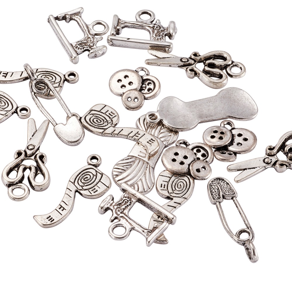 

Sewing Kniing Themed Tibetan Style Alloy Pendants, Scissor, Pipe, Safety Pin, Yarn Clew, Buon, Sewing Machine Charms, Lead