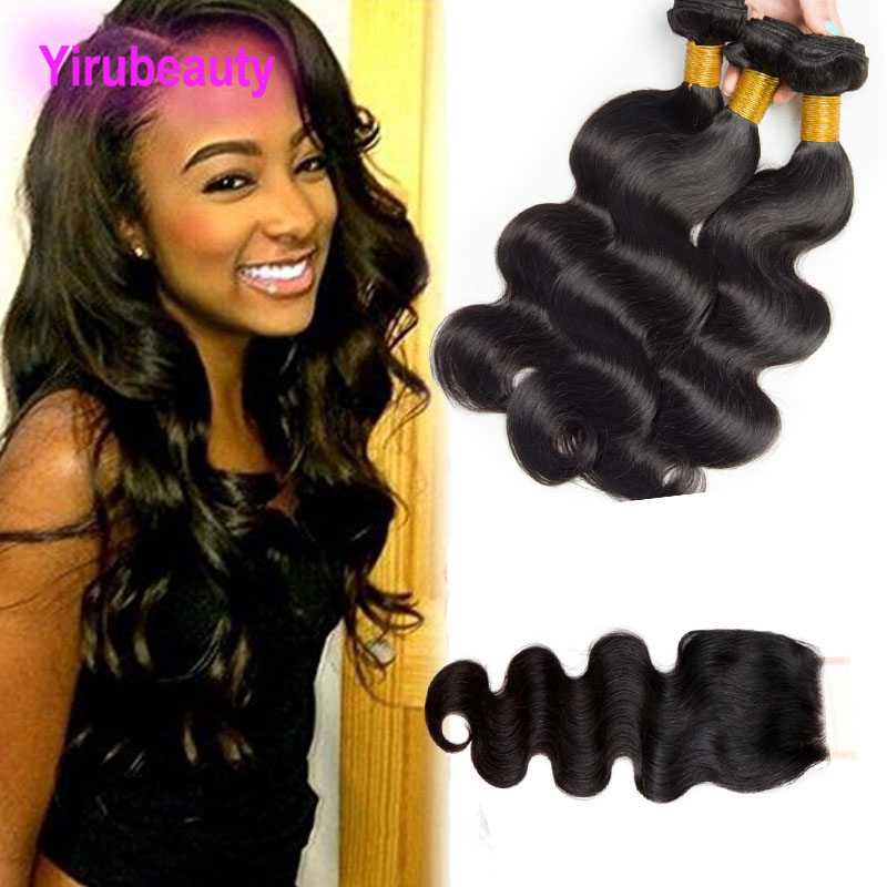 

Brazilian Virgin Hair 3 Bundles With 4X4 Lace Closure Body Wave Human Hair Wefts With Closure Middle Free Three Part, Natural color