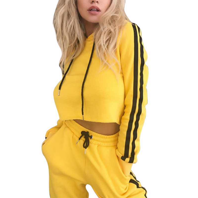 

CALOFE Running Set Hoodies Crop Top Sweatshirt+Side Hooded Suits Fitness Autumn Tracksuit 2pcs Set Women, Yellow