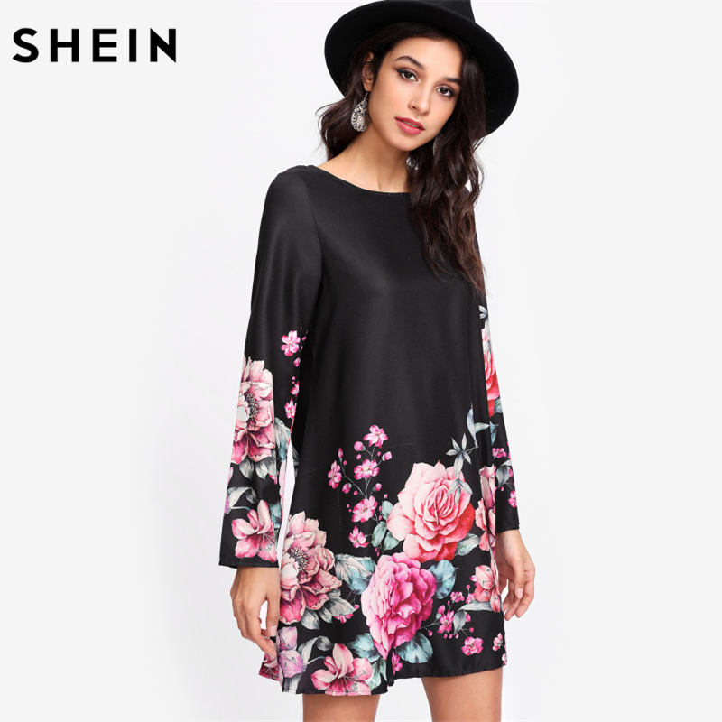

SHEIN Flower Print Tunic Dress Multicolor Boat Neck Long Sleeve Straight Dress Floral Autumn Casual Women Dresses, White;black