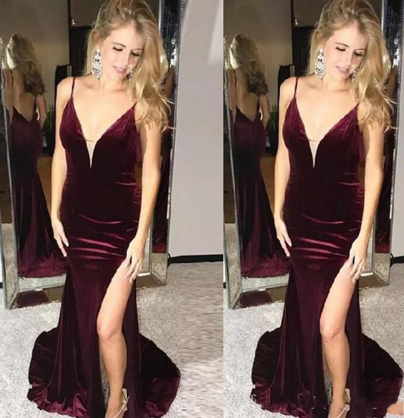 

Burgundy Velvet Sexy Backless Straps Spaghetti Mermaid Prom Dresses Deep V Neck Side Split Prom Gowns Fashion Party Wear Special Dress, Same as picture