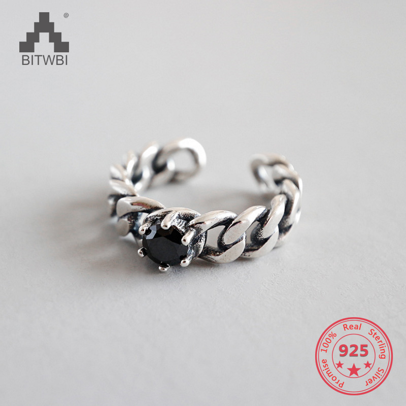 

925 Sterling Silver Black Zircon Chain Rings Punk Style Adjustable Unisex Cuff Rings Best Gifts 2018 Fashion