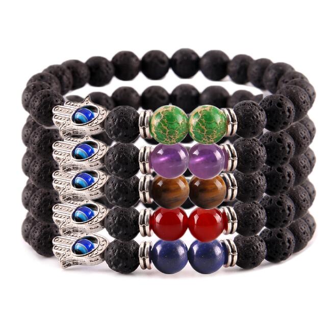 

JLN Fatima Hand Lava Bracelet Volcanic Hand Of Hamsa Yoga Healing Energy Power Beads Stretch Bracelets For Man And Woman