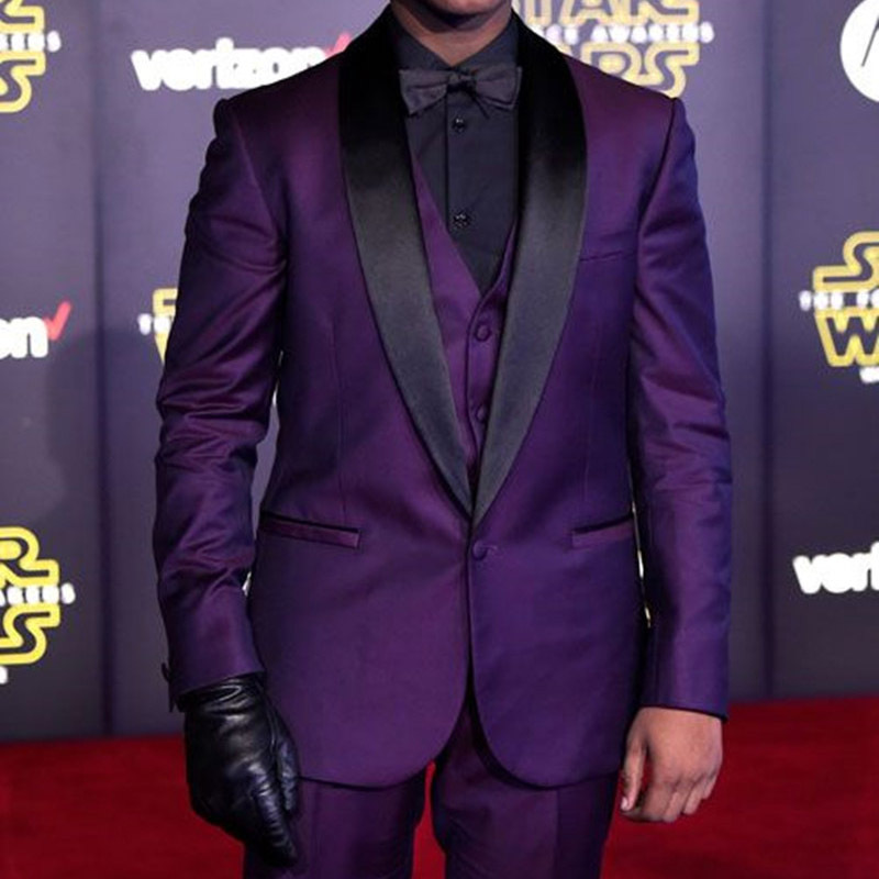 Purple Evening Party Men Suits Black Shawl Lapel Three Piece Custom Made Wedding Groomsmen Tuxedos Jacket Pants Vest