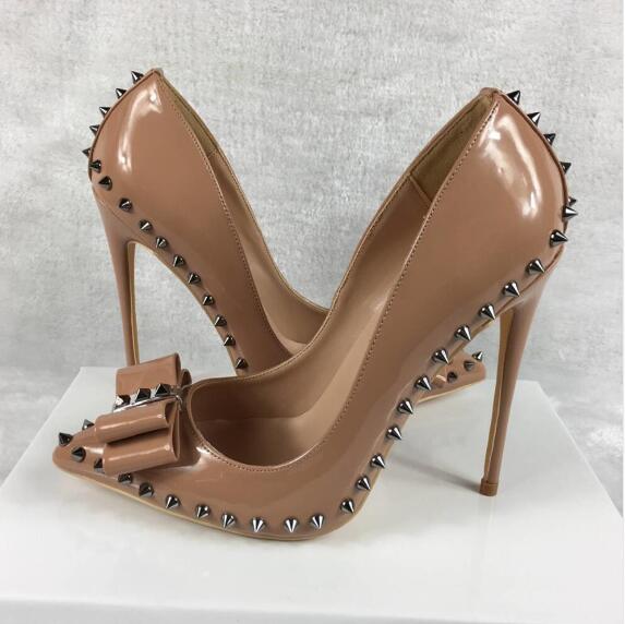 

Nude color rivets high heels patent PU leather exclusive brand needle sharp rivet high heels women's singles shoes 10cm 12cm ban, Size34-44, Black