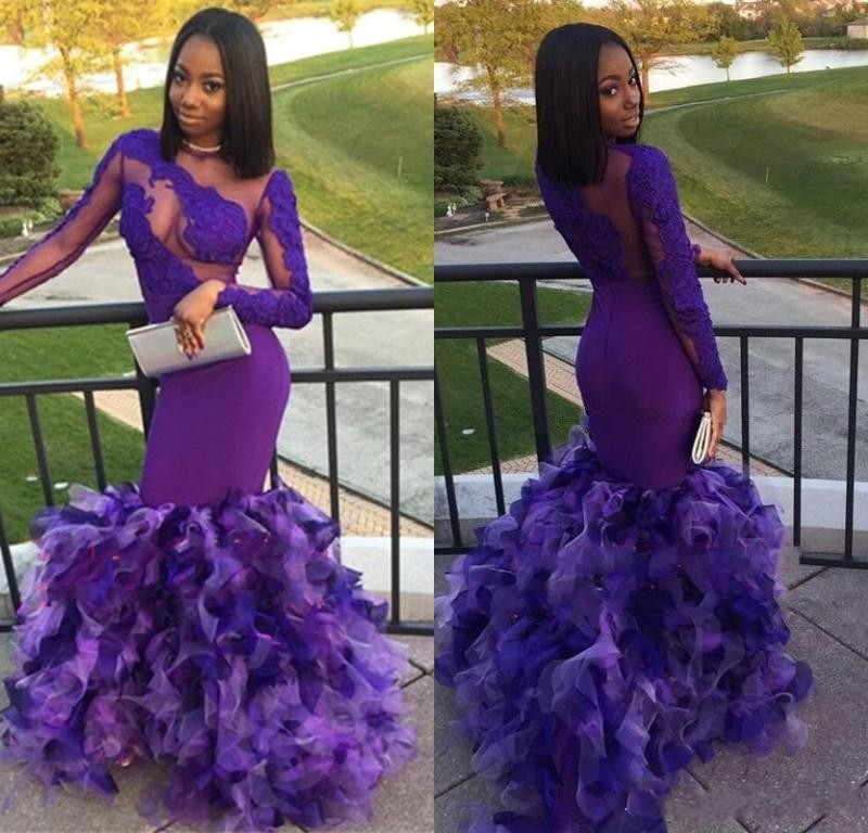 

Purple Mermaid Prom Dresses New Jewel Neck Long Sleeves Ruffles Lace Applique Sweep Train Dresses Evening Party Wear vestidos de fiesta, Pink