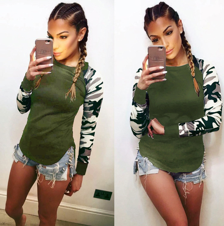 

Women Army GREEN Slim Tshirts Camouflage Sleeves Patchwork Tops Spring Autumn Long Bottoming Female Top Clothing, Red