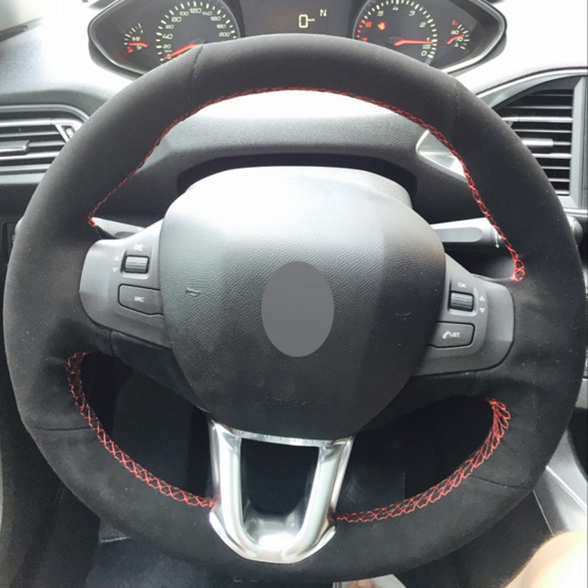Black Suede DIY Hand-stitched Car Steering Wheel Cover for Peugeot 208 Peugeot 2008-image-430985401