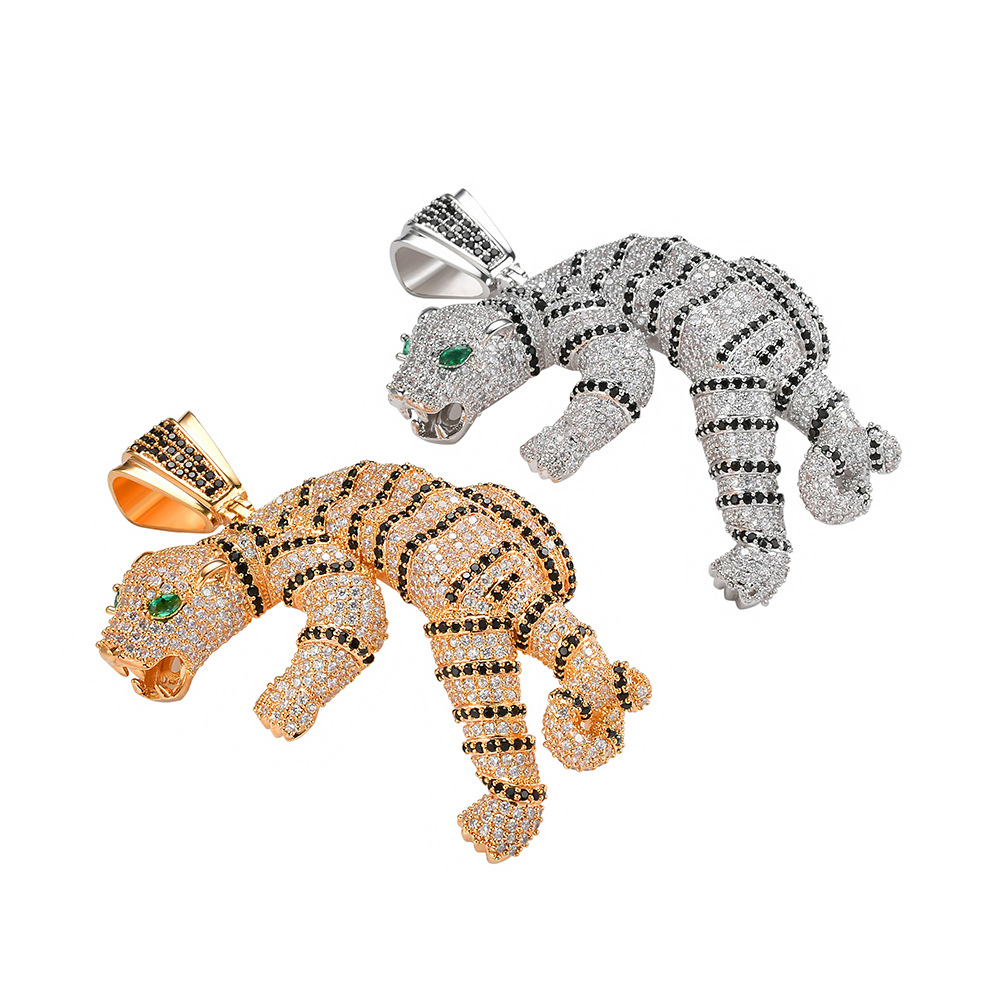 Hip Hop 3D Tiger Pendant Necklace Iced Out Cubic Zircon Gold Silver Plated Agate Eye Christmas Gift