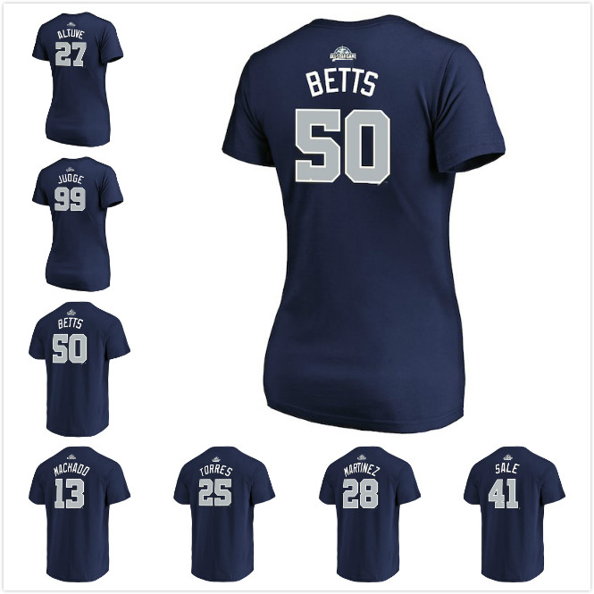 

2018 All-Star Game American League 27 Trout Aaron Judge Mookie Betts 25 Gleyber Torres Manny Machado Chris Sale 28 J.D. Martinez T-Shirts, Women