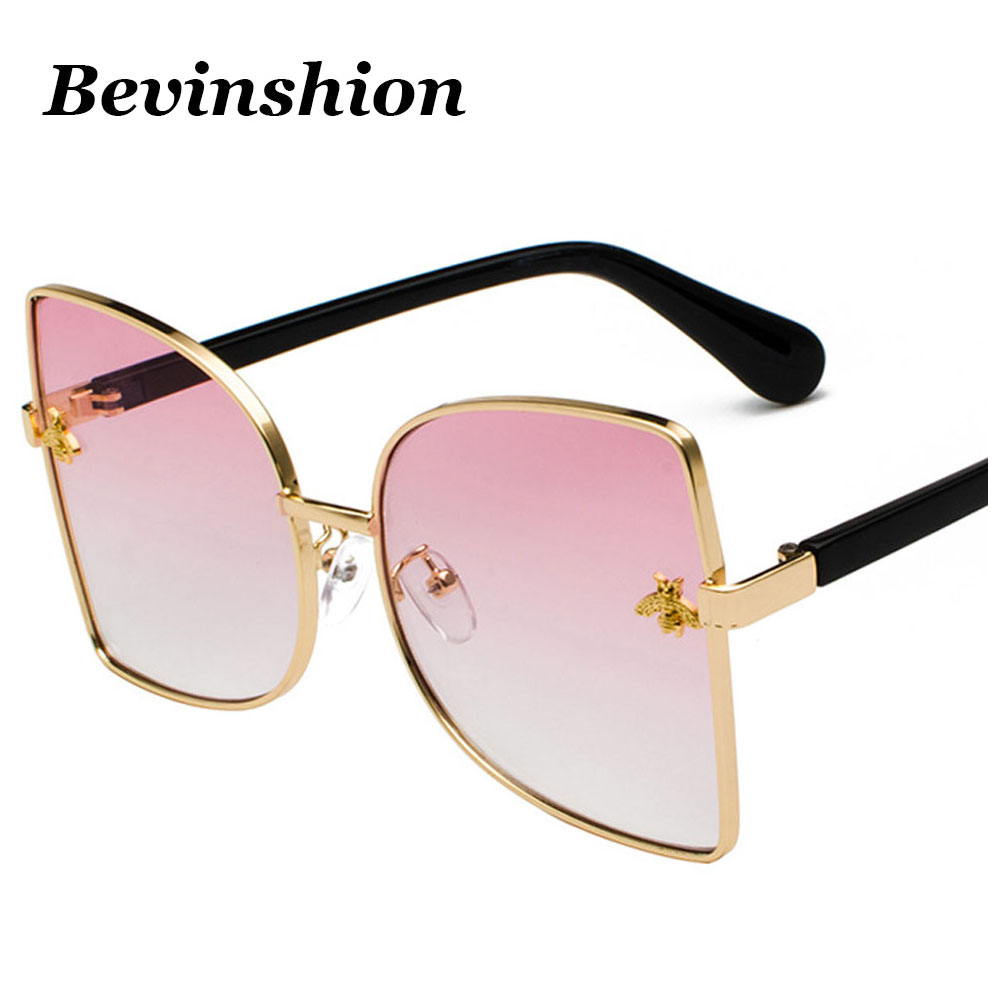 

2018 New Small Bee Big Frame Sunglasses Female Oversized Celebrity Metal Yellow Pink Lens Pearl Legs Mirror