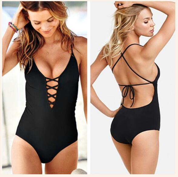 

2018 New Lady sexy Beach bikini Bundle Wind Naked Back Strap Sexy Skinny Siamese Swimwear Swimming Suit Brazilian women's swimsuits, Black
