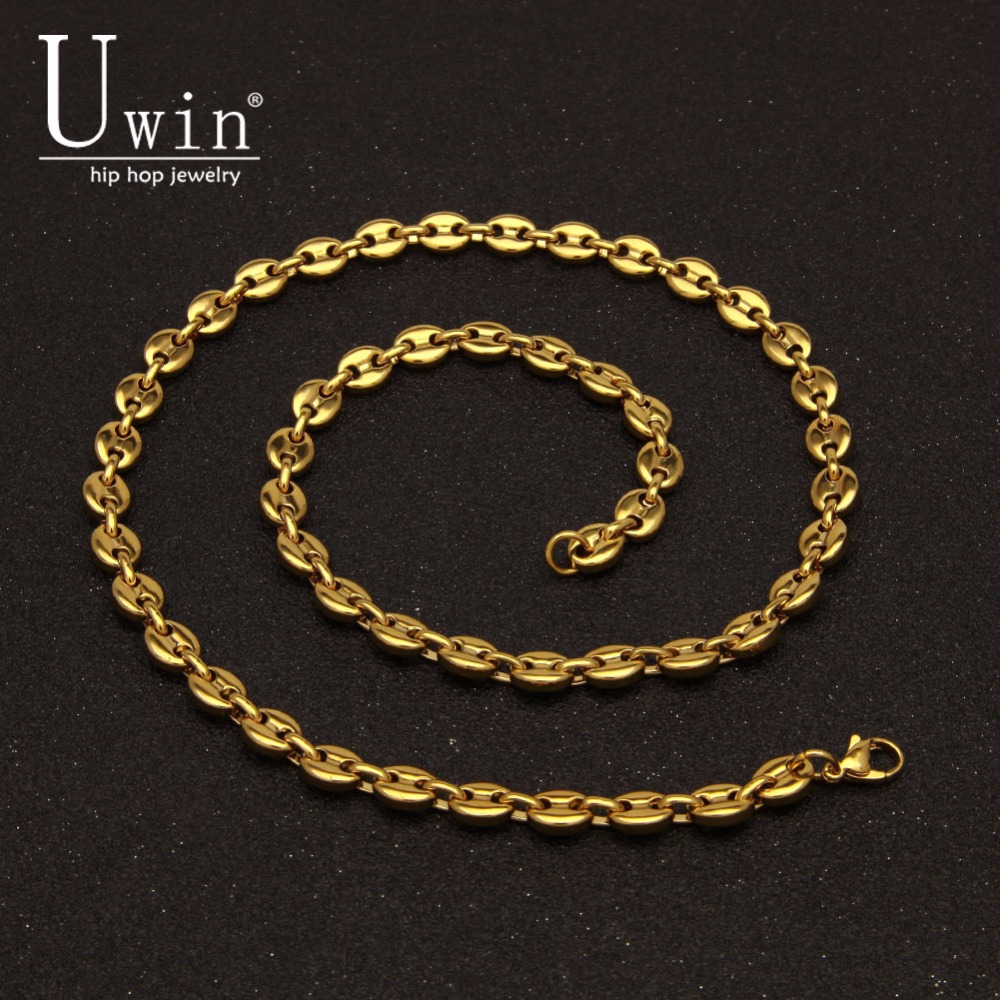 UWIN acier inoxydable grains de café chaîne collier 8mm 55cm Hip hop Style or argent lien mode Punk tour de cou bijoux à breloques