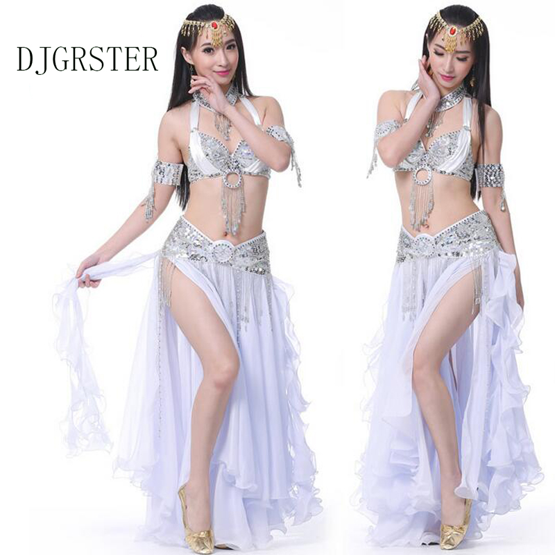 DJGRSTER 2018 Top Belly Dancing Clothing Oriental 3PCS Suit Bra, Belt,Long Skirt Chiffon Belly Dance Costume Set Performance-image-421850254