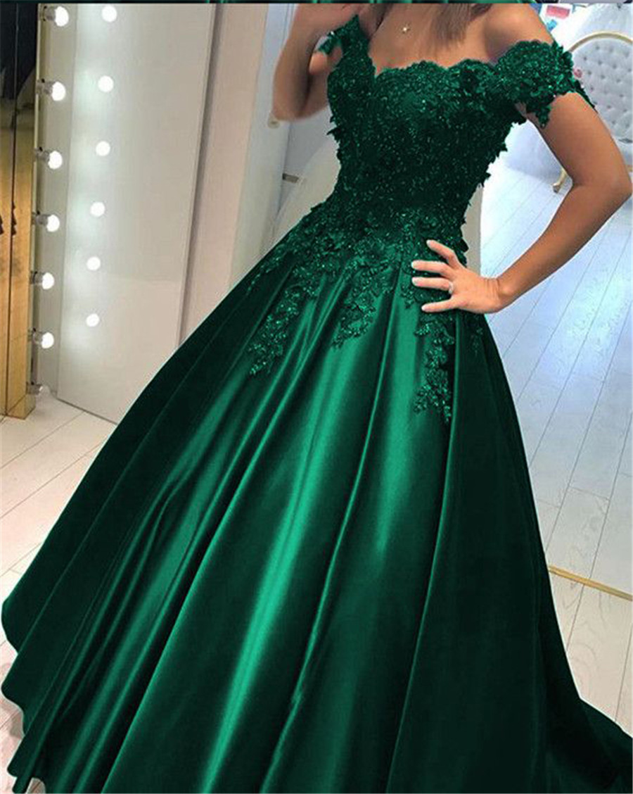 

Off the Shoulder Long Hunter Green Evening Dress Modest Formal Dress Applique Lace Ball Gowns Prom Dress Crystals, Dark navy