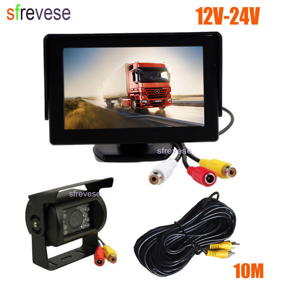 Moniteur LCD de voiture 4.3 pouces + étanche, 18 LED IR, Vision nocturne, caméra de recul pour stationnement arrière, Kit de câble de 10M, 12V-24
