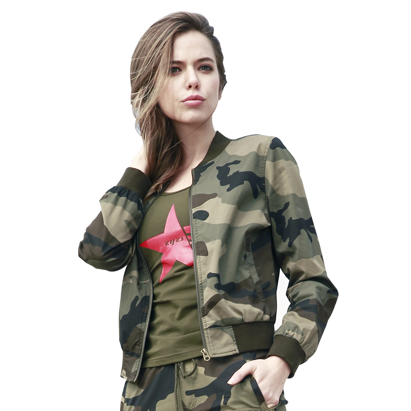 Fllay Womens Stylish Camo Zip Up Pockets Slim Bomber Jacket Coats