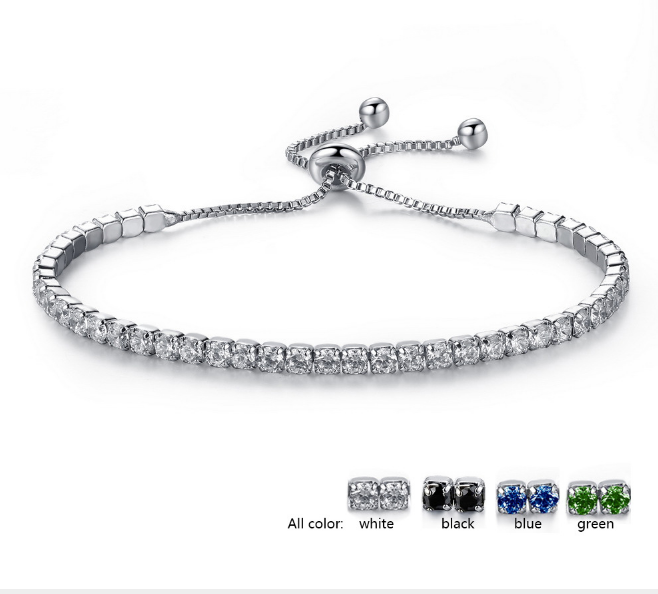 Wedding Pull Chain Cubic Zirconia CZ White Gold Plated Crystal Tennis Silver Adjustable Bracelet Jewelry Blue Green White Black