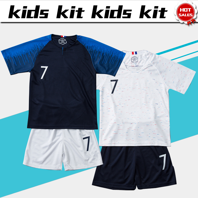 

Two stars 2018 world cup #10 MBAPPE soccer Jersey Kids Kit #7 GRIEZMANN home Soccer shirt #6 POGBA away Child Soccer uniform jersey+shorts, Home no name