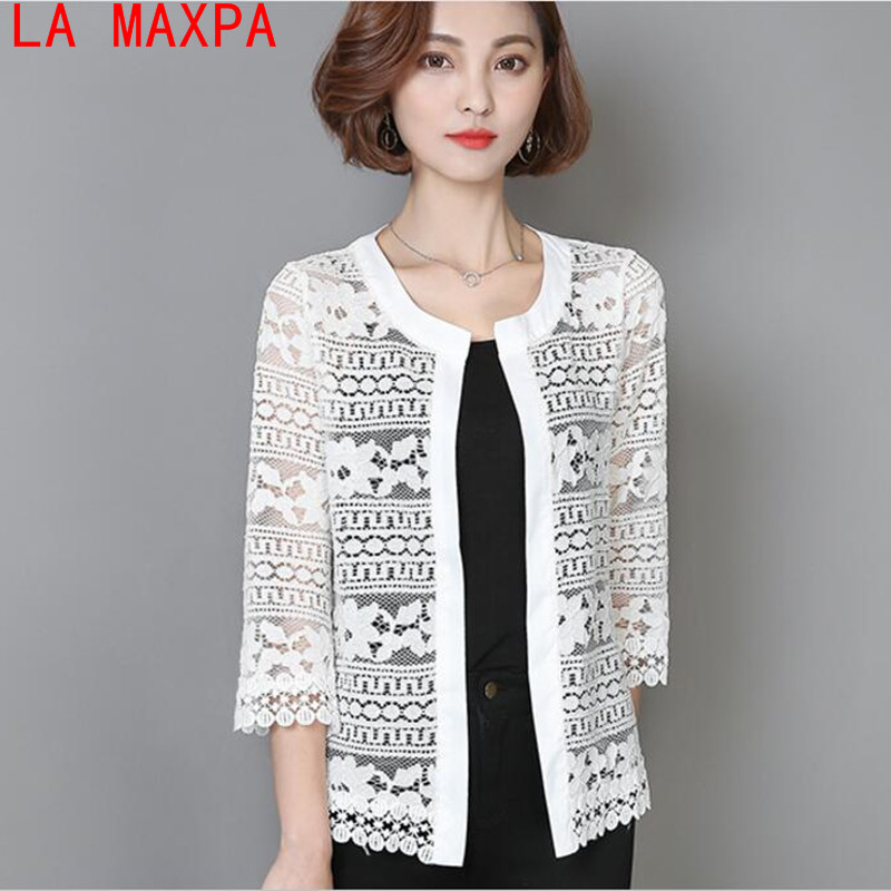 

La MaxPa 2018 New Spring 5XL Plus Size Wome Clothing Ladies White Lace Blouse Cardigan Black Crochet Sexy Female Blouse