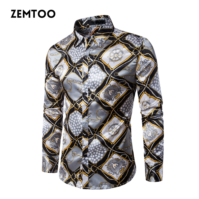 zemtoo Nightclub Gold Soie Shirt Hommes Chemise Homme 2017 Mode Hommes Slim Fit À Manches Longues Chemise Busniess Shirt Homme Social Shirt D1810
