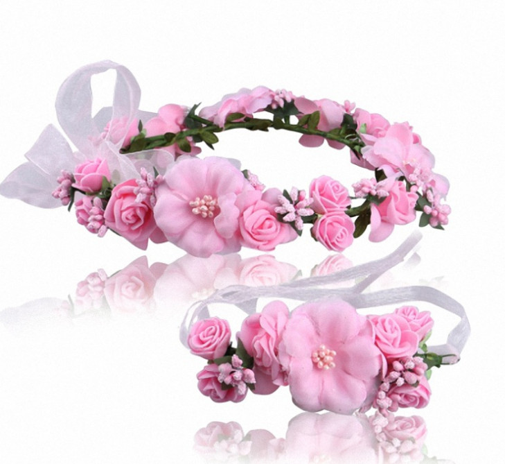 

Girls flowers crown bracelet children bridal artificial berries rose wreath wristband kids pageant garlands bracelet hair accessories YA0307, Pink