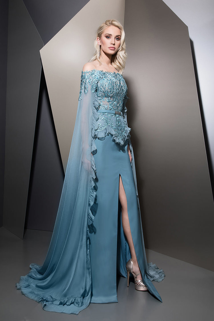 

Fashion Front Side Prom Dresses With Cape Beaded Off The Shoulder Evening Gowns Vestidos De Fiesta Sweep Train Satin Appliqued Formal Dress, Hunter