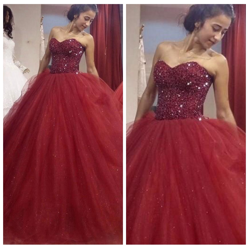 

2018 Luxury Wine Red Quinceanera Dresses Sweetheart Beaded Crystal Corset Puffy Skirt Sweet 16 Dresses Prom Pageant Formal Wear, Hunter