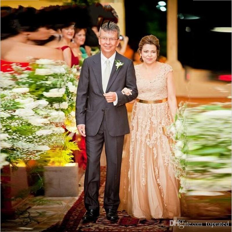 

Champagne Tulle Mother Of The Bride Dress Plus Size Women Gold Belt Long Evening Dresses Capped Mother Groom Lace Wedding Party Gowns 2019