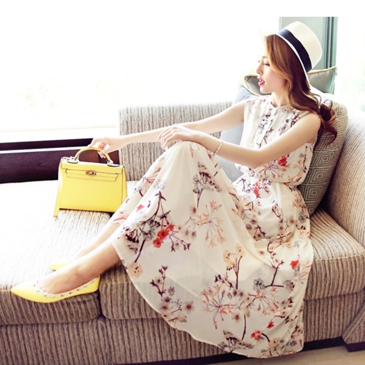 

Summer Women Chiffon Beach Dress Elegant Womens Fashion Printe Dresses Slim Sleeveless Dress Plus Size S-3XL Dress Vestidos, Beige