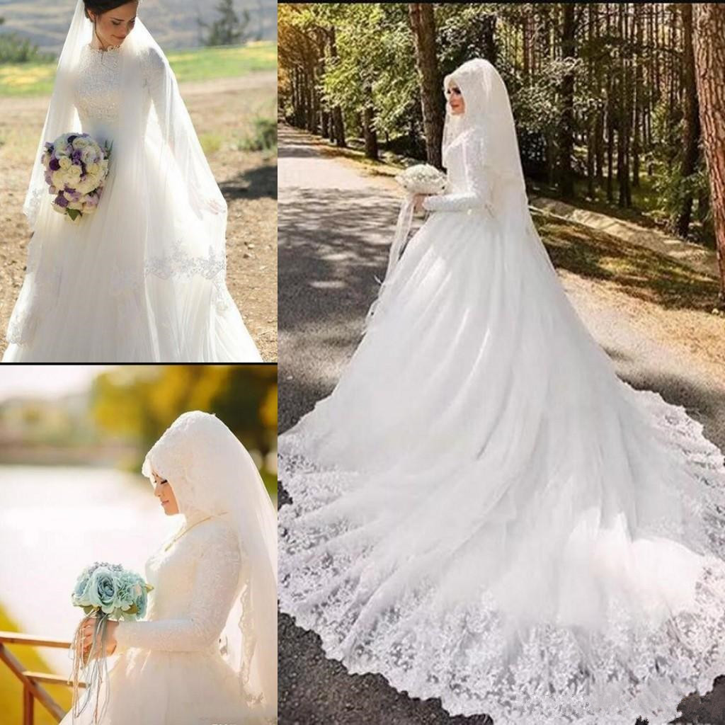 

Saudi Arabic Dubai Middle East Muslim Lace Wedding Dresses Vestidos De Novia High Neck Long Sleeves Appliques Vintage Bridal Wedding Gowns, Black