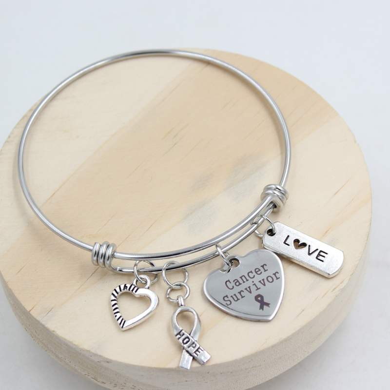 En gros Nouvelle Arrivée En Acier Inoxydable Fil Bracelet Bracelet Espoir Ruban Amour Coeur Cancer Survivant Charme Bracelet Sensibilisation Bijo