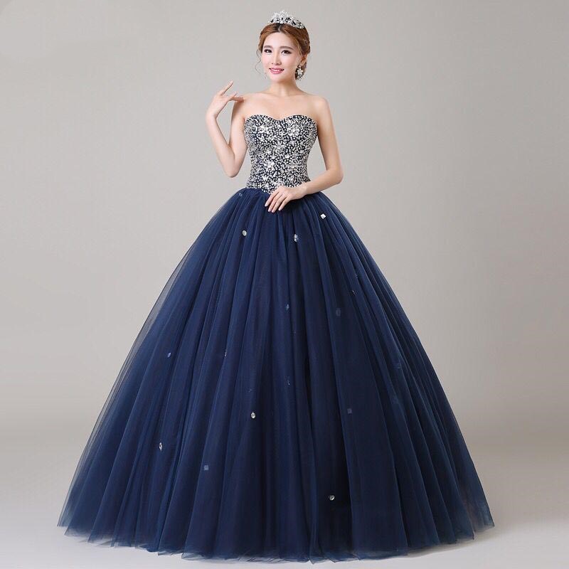 

ANGEL NOVIAS Long Ball Gown Puffy Plus Size Navy Blue Crystal Prom Dress 2018, Silver
