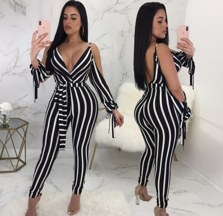 

Fashion Striped Long Rompers Jumpsuits Summer New Women Sexy Deep V Neck Split Long Sleeve Slim Bodycon Pants Overalls, Black