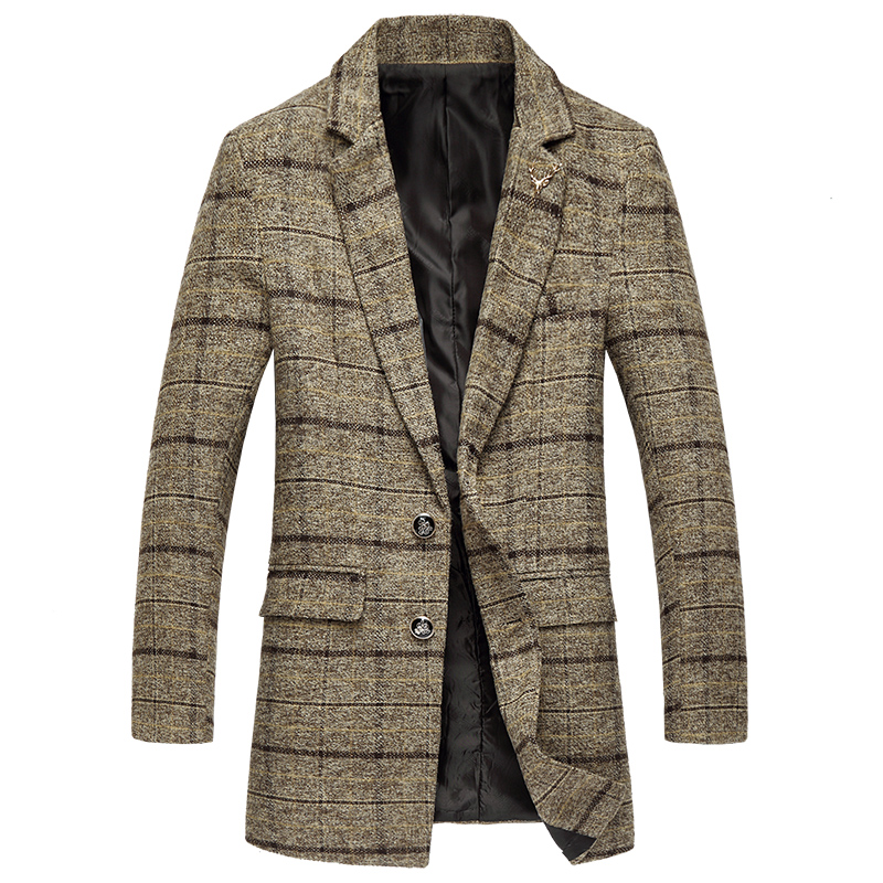 New Arrival Brand Clothing long woollen coat Plaid Suit Jacket Mens Blazer Fashion Slim Male Casual Blazers Men Khaki Size M-5XL