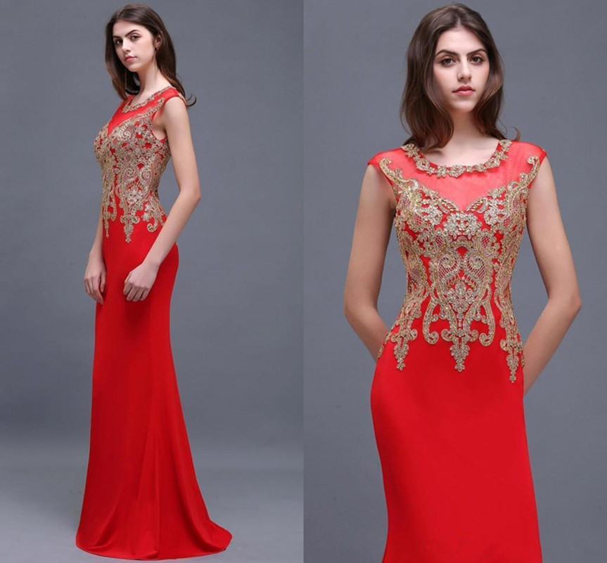 

Red Mermaid Prom Dresses with Gold Applique Sequined Sheer Jewel Cap Sleeves Evening Gowns New Arrival Special Occasion Dress