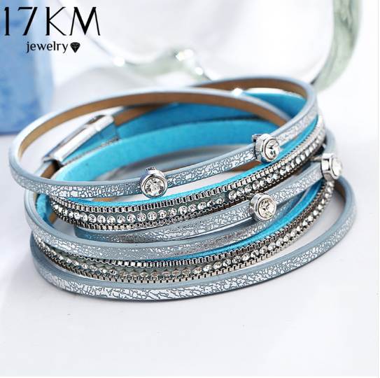 

17KM New Fashion Crystal Beads Charms Bracelets & Bangles For Women Men Multiple Layers Leather Bracelet Statement Party Jewelry