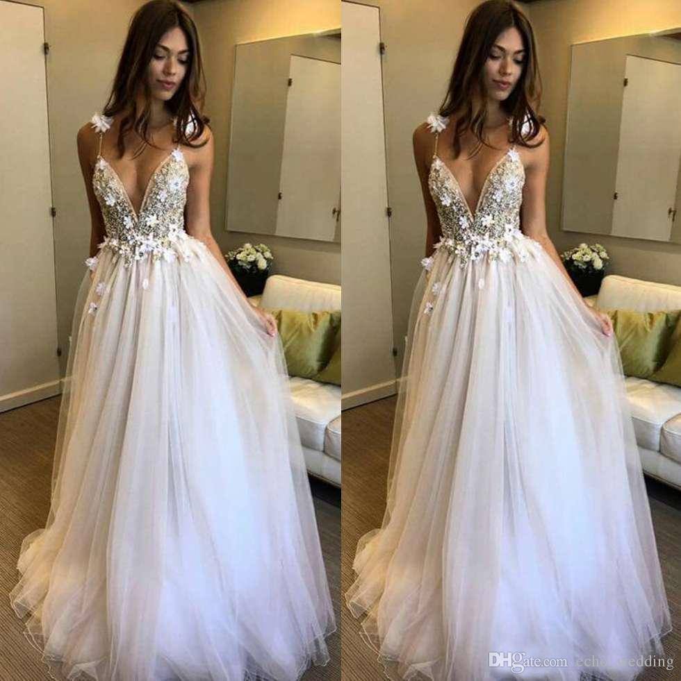 

Modest Berta Boho Cheap Wedding Dresses 2018 Plugging Bohemian Wedding Gown Spaghetti Beaded A Line Backless Floral Summer Beach Bridal Gown, Pink