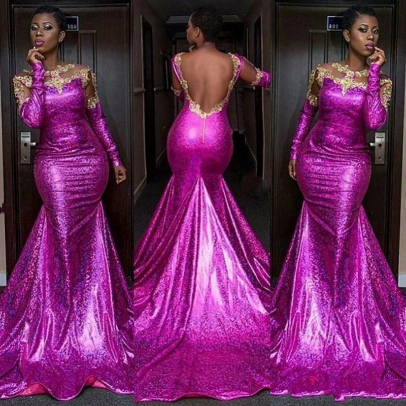 

Sexy Spring Mermaid Prom Dresses Beads Applique Jewel Neck Long Sleeve Backless African Party Dress Sparkly Sequins Long Evening Dresses, Sage