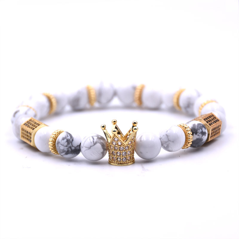 

8mm Natural Stone Bracelets micro Inclusions of Zircon Crown & Matte Black Onyx Charm Bracelet For Men Women