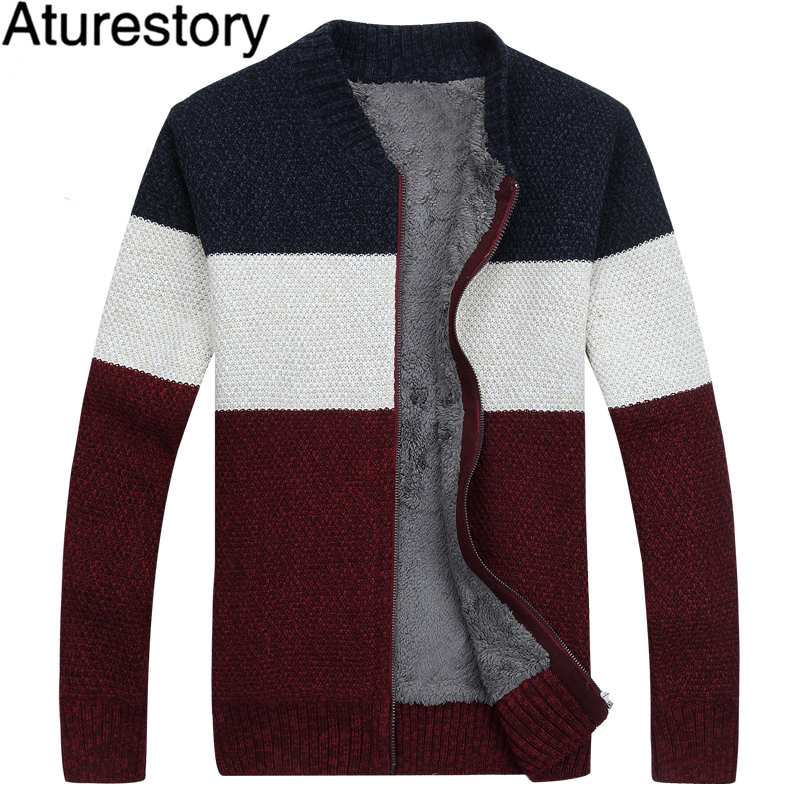 

Aturestory Winter Men's Cardigan Sweater Striped Zipper Sweatercoat Thicken Warm Knitted Outwear Jacket Wool Liner, Blue