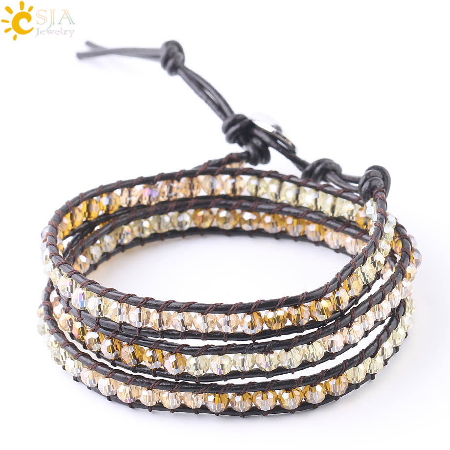 

CSJA Genuine Leather Wrap Bracelet for Women Handmade Fashion Jewelry Glass Crystal Long Beaded Bracelets Mixed Colors Wholesale S185