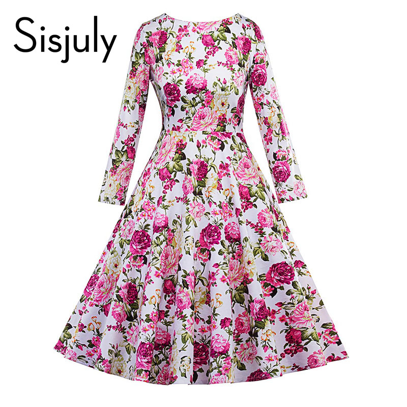 

Sisjuly vintage dress retro green pink floral print 1950s style elegant o neck party work autumn winter long sleeve dresses, Black;gray