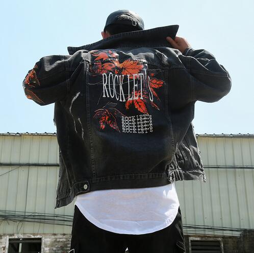 

Men's Clothing Denim Jacket Coat Washed Hole Frayed Outerwear Vintage maple leaf print Black Cowboy Jackets