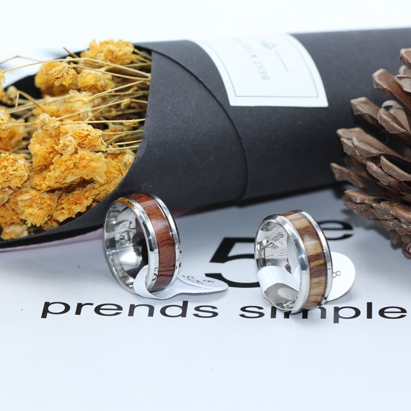 

European and American popular wedding rings inlaid teak titanium steel rings Stainless steel jewelry custom wholesale (free shipping)