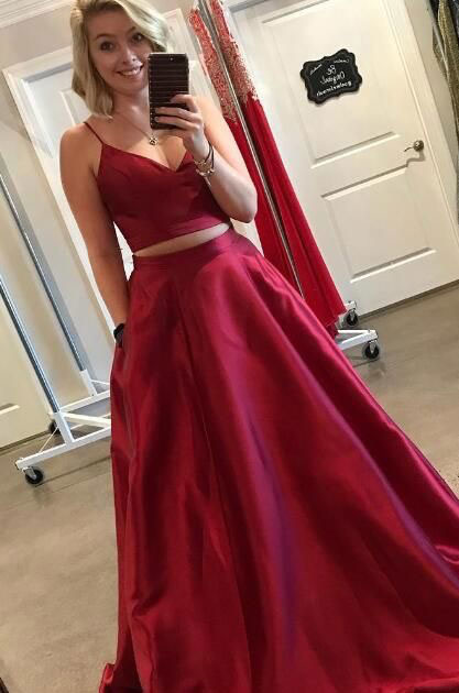 

Hot Selling Sexy Two Piece 2 Piece Spaghetti Straps Burgundy Long Prom Dresses for Women Under 100, Hunter
