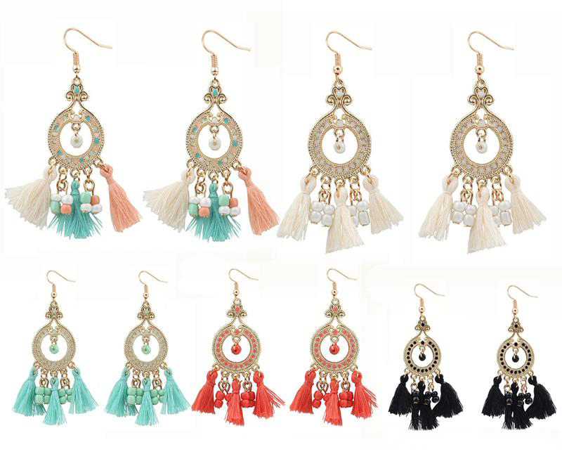 

5 Style Bohemian Beads Tassel Dangle Metal Crystal Fringe Earring Tiered Long Tassel Hook Earrings For Girls, Silver